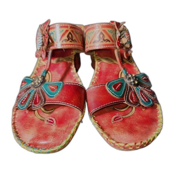 Elite by Corkys Jamaica Multi Floral Tooled Leather Wedge Sandals… - Picture 2 of 11